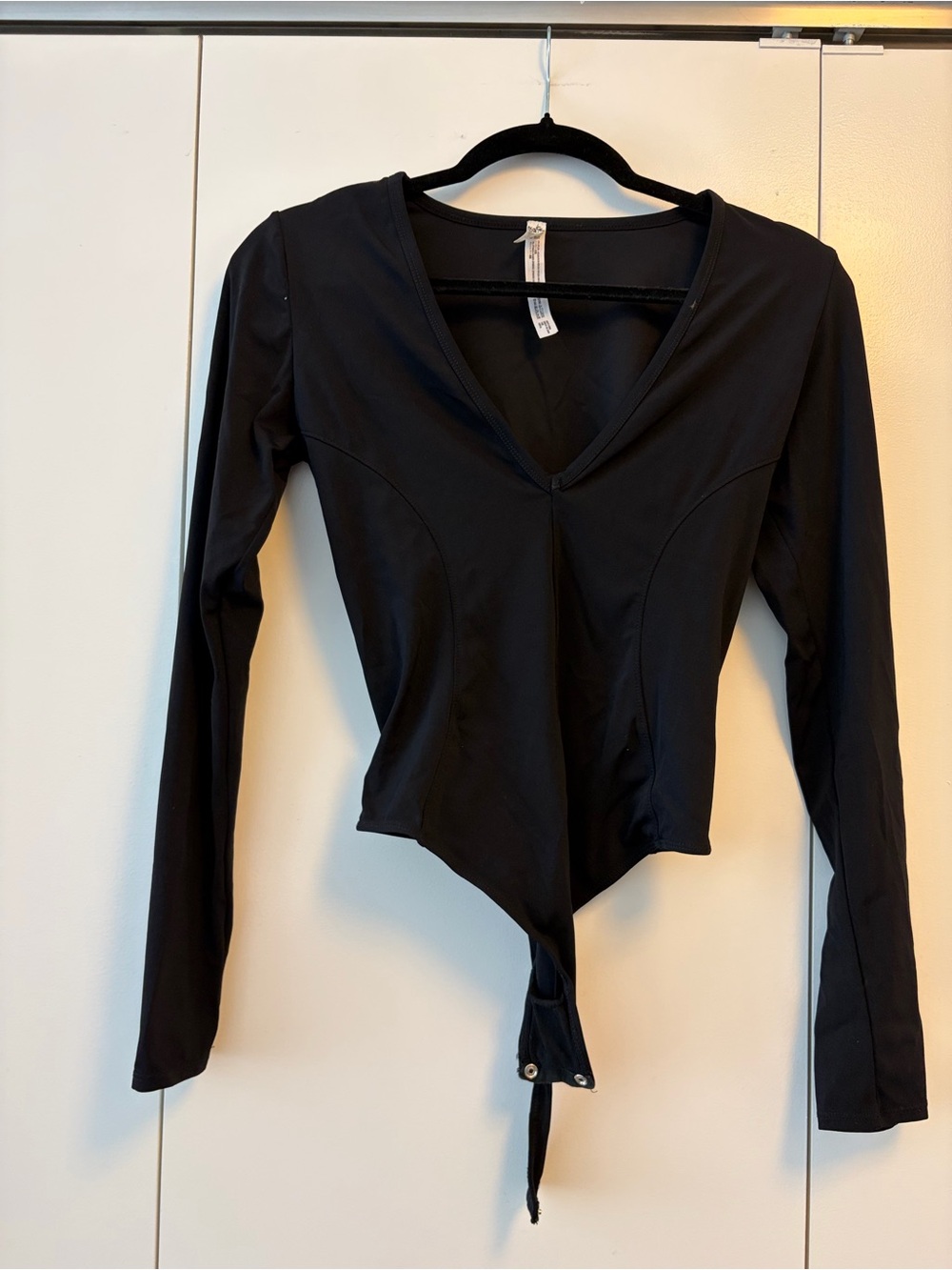 Free people Black Long-Sleeve V-Neck thong Bodysuit Top